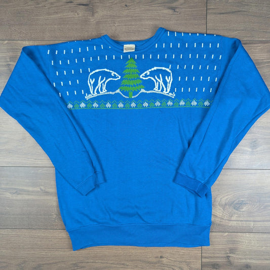 Blue Vintage 90s Polar Bear Tree Christmas Jumper Sweatshirt Size M