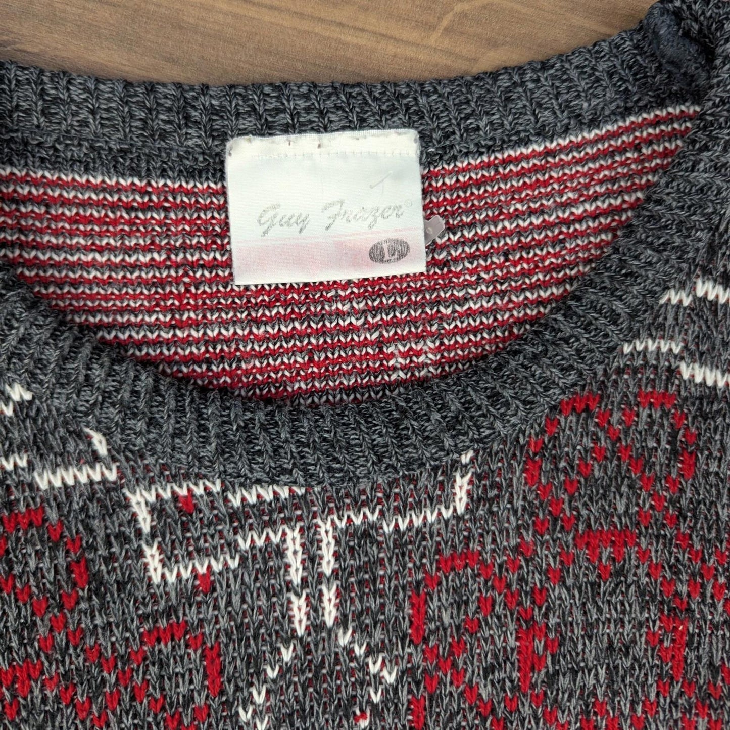 1980s Vintage Grey/Red Guy Frazer Pattern Knit Winter Jumper Men's L