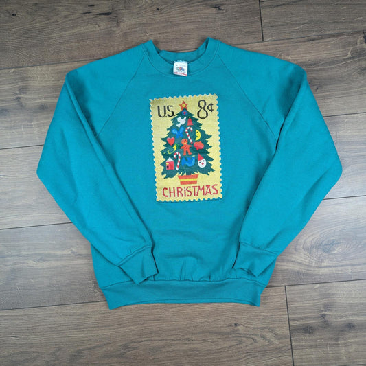 Vintage 1990s Green US Stamp Tree Christmas Jumper Sweatshirt Size S