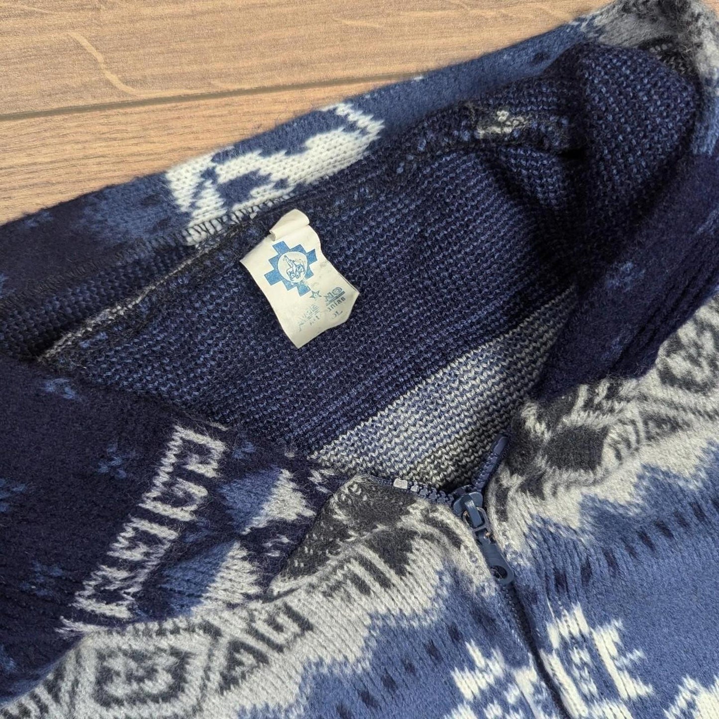 Vintage Blue/White 90s Icelandic Llama Winter Pattern Hooded Coat Jacket Men's M