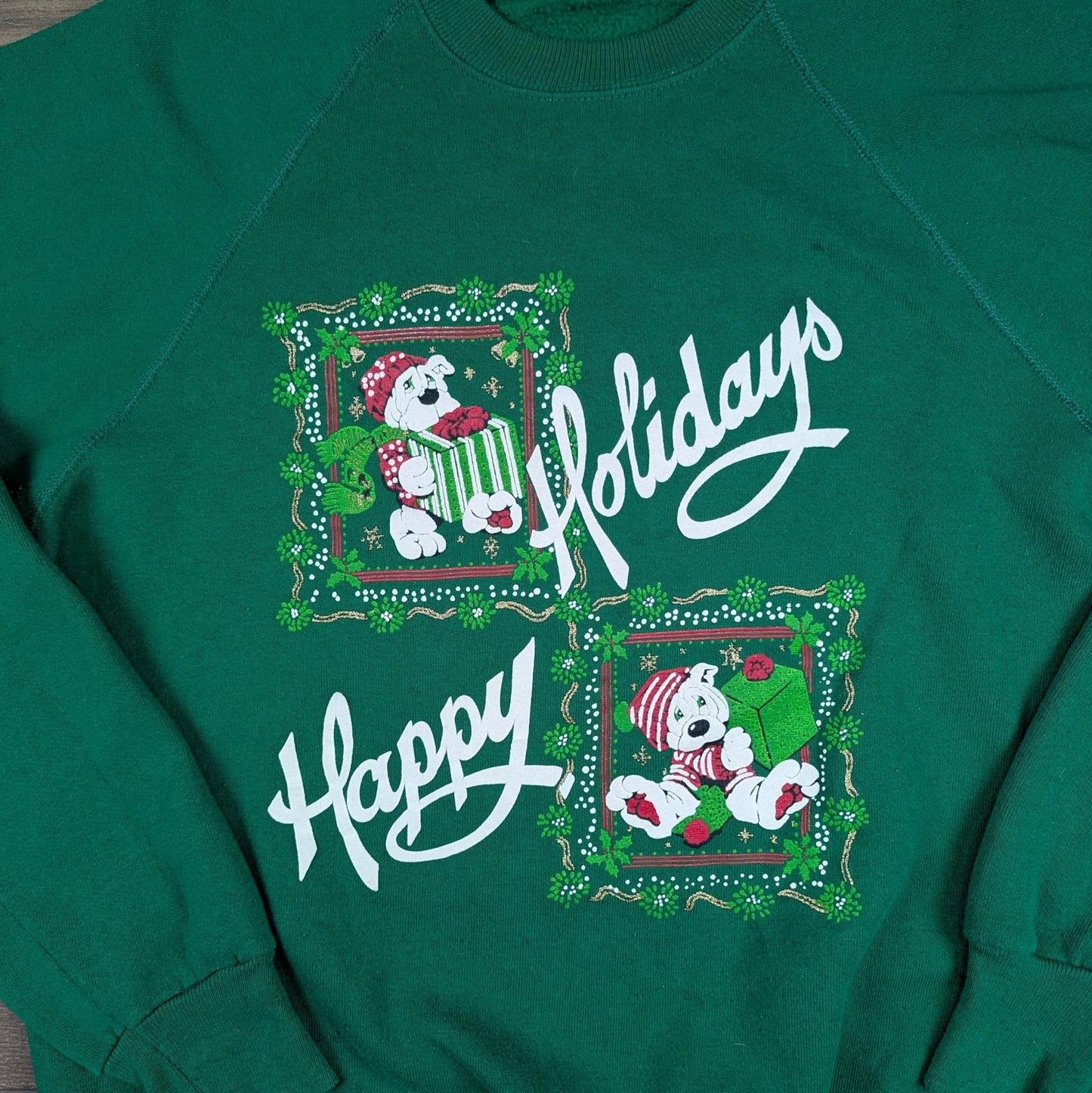 80s Vintage Christmas Jumper Happy Holidays Dog Sweatshirt Size L