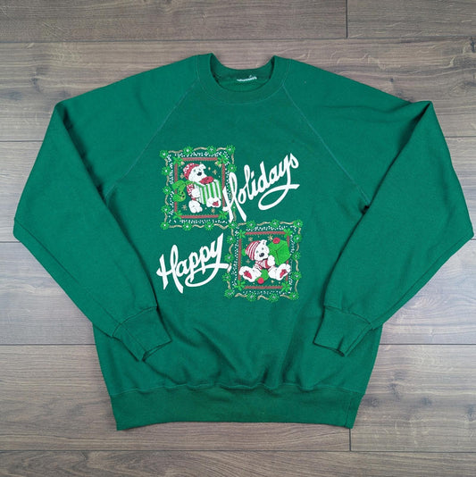 80s Vintage Christmas Jumper Happy Holidays Dog Sweatshirt Size L
