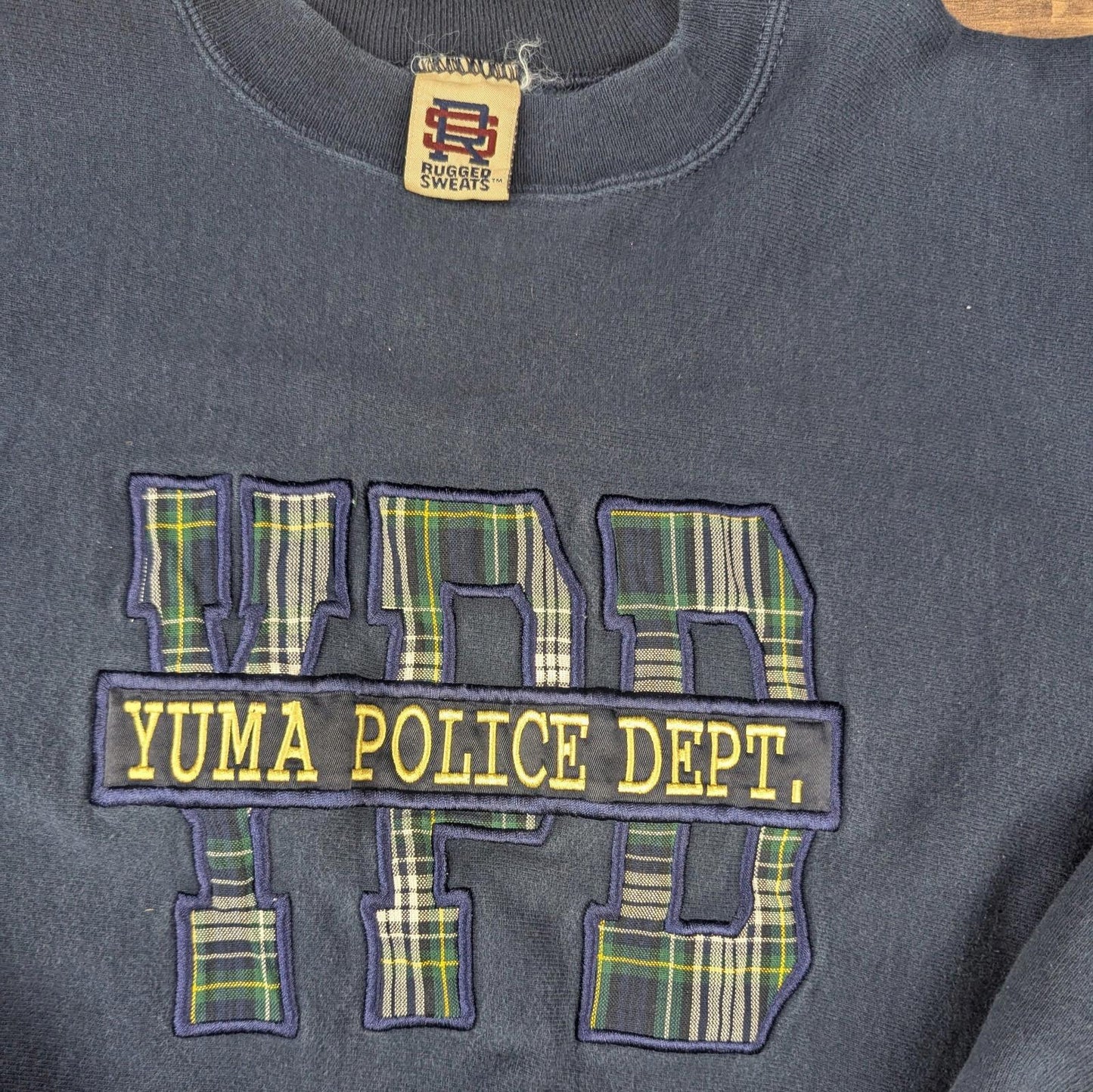 1990s Vintage YPD Embroidered Tartan Navy Graphic Sweatshirt Size L