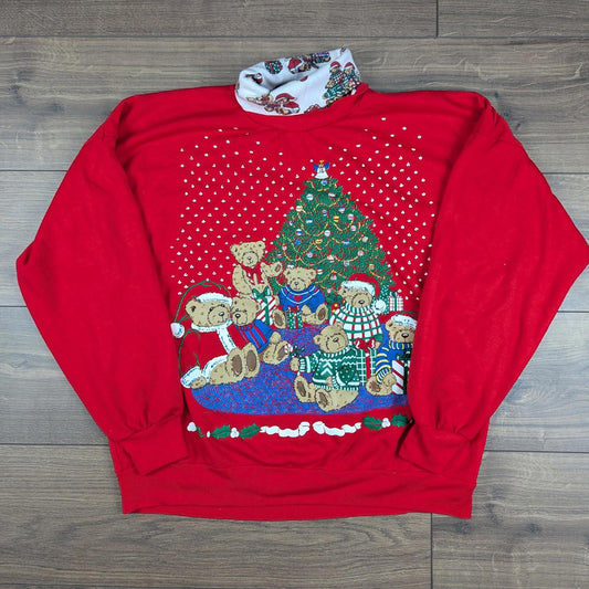 Vintage 80s 90s Festive Turtleneck Bear Christmas Jumper Size M-L