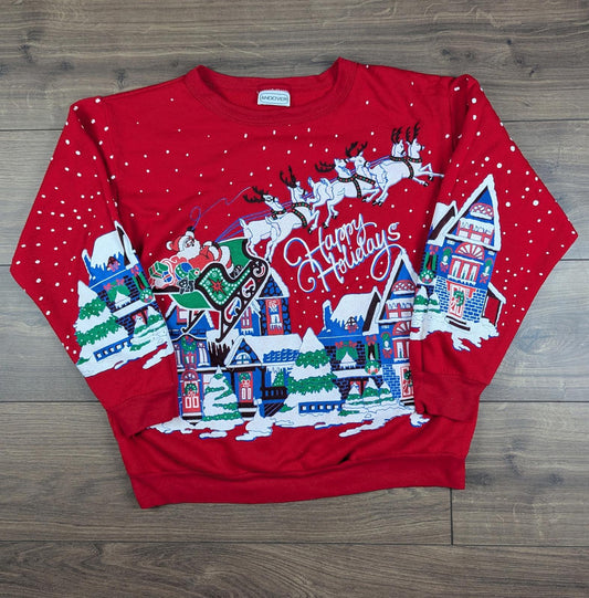 90s Vintage Happy Holidays Santa Reindeer Christmas Jumper Sweatshirt Size L